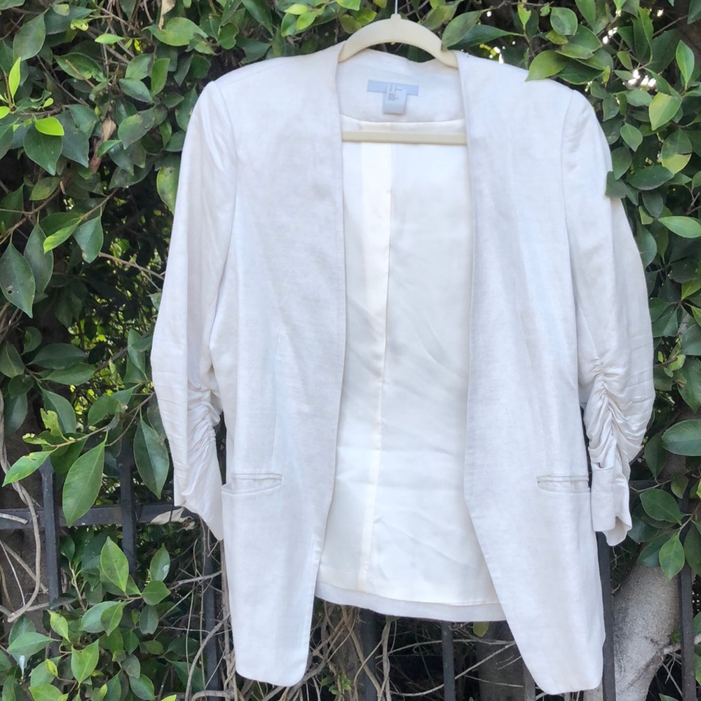 Beige Linen Open Front Blazer